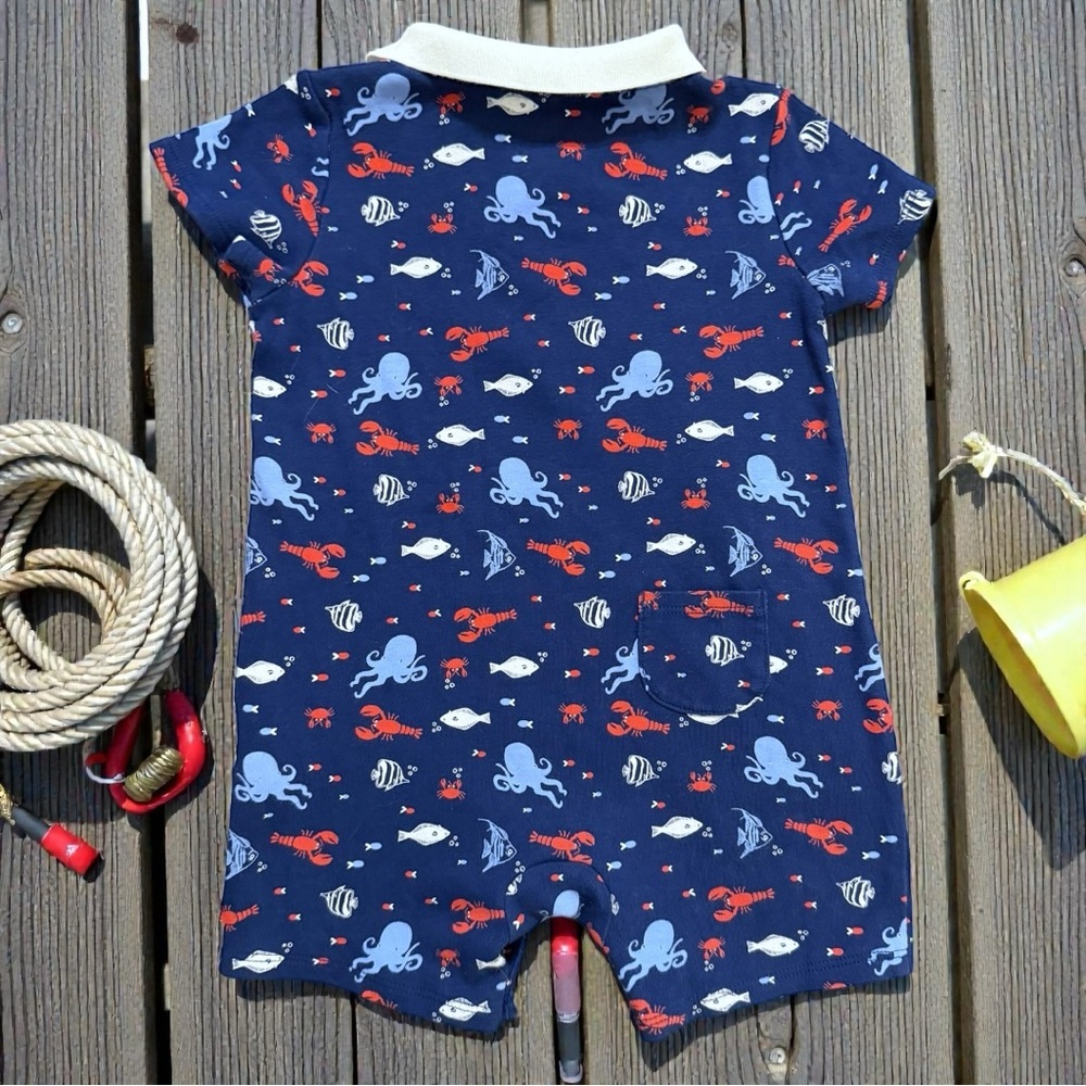 Janie and Jack Navy Nautical Lobster Polo Romper 18-24M Ocean Sea Life - Picture 2 of 5